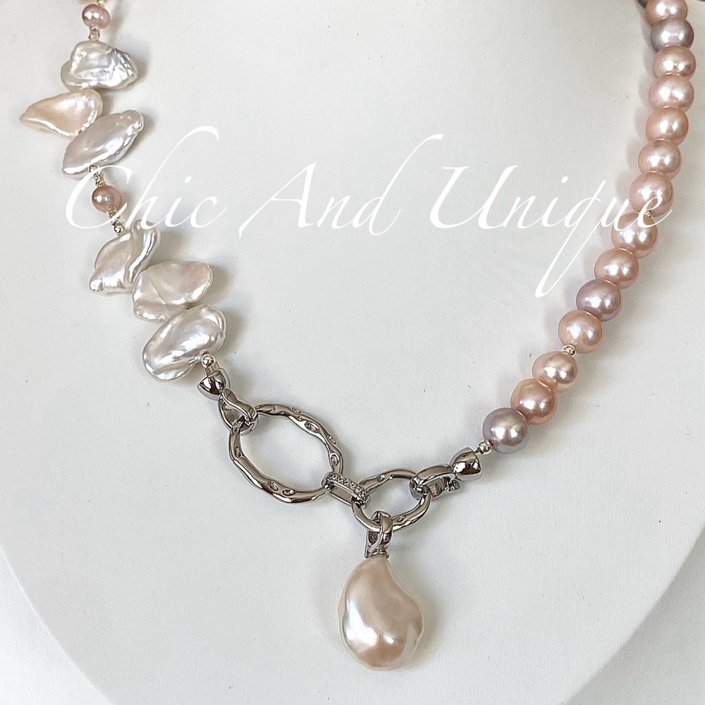 Hand Crafted Pink and White Pearl Baroque Necklace